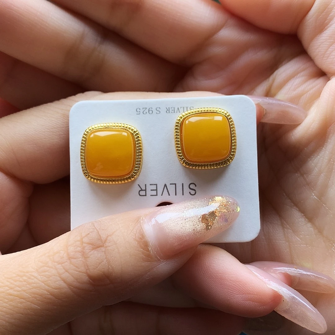 蜜蜡银S925镶嵌耳饰耳钉