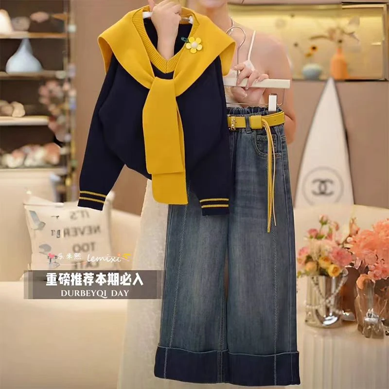 女童披肩针织衫牛仔裤套装2025新款春秋款海军领毛衣打底衫阔腿裤