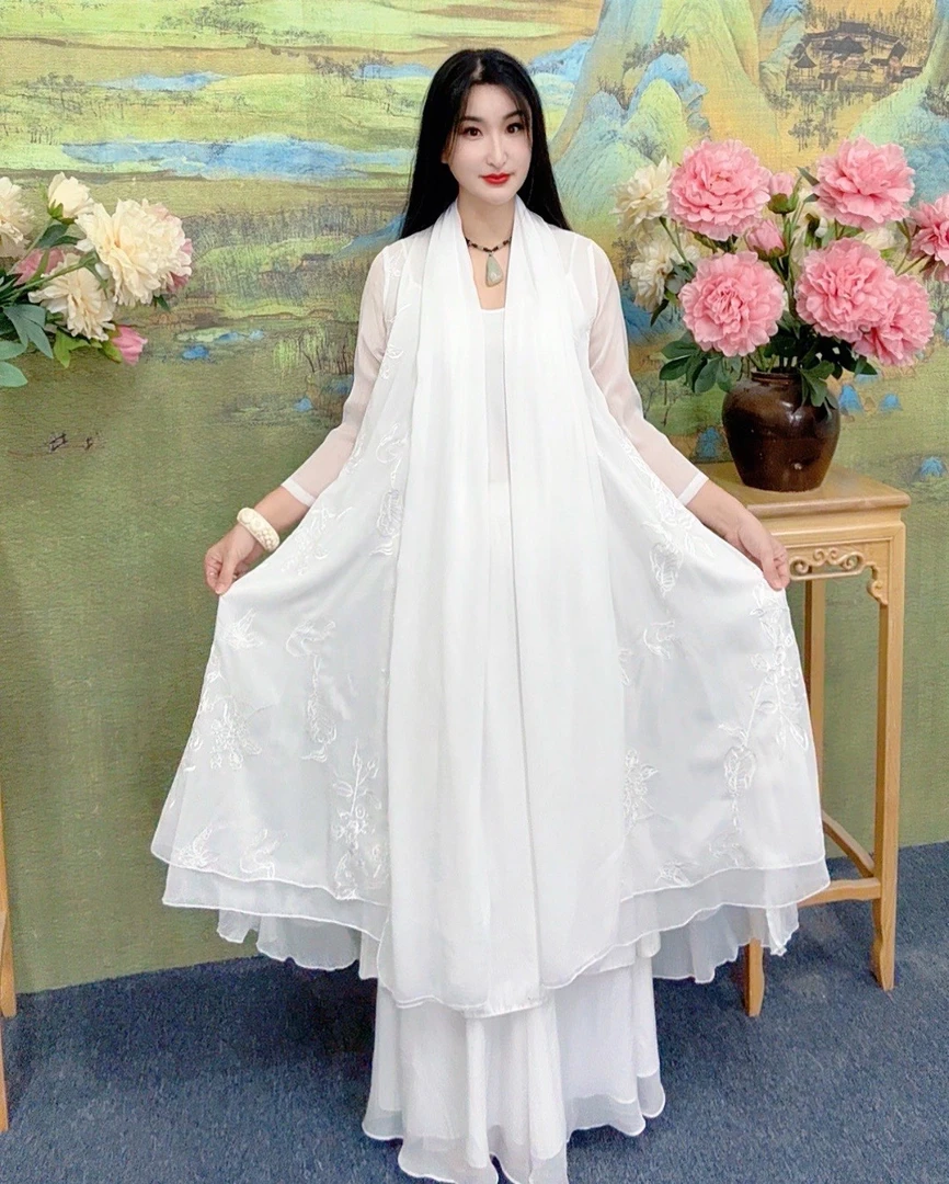 中式复古禅服外披风围巾领皱绣花拼色七分袖宽松大摆A6500