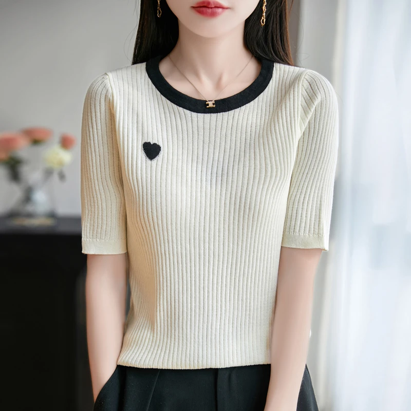 哥弟阿玛施正品2025精仿羊绒爱心短袖女洋气时尚减龄薄款打底衫女