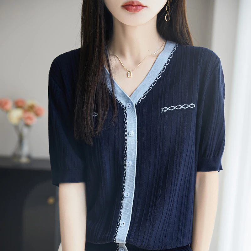 显瘦V领短袖夏季T恤洋气莱赛尔宽松时尚针织开衫法式小众不闷热