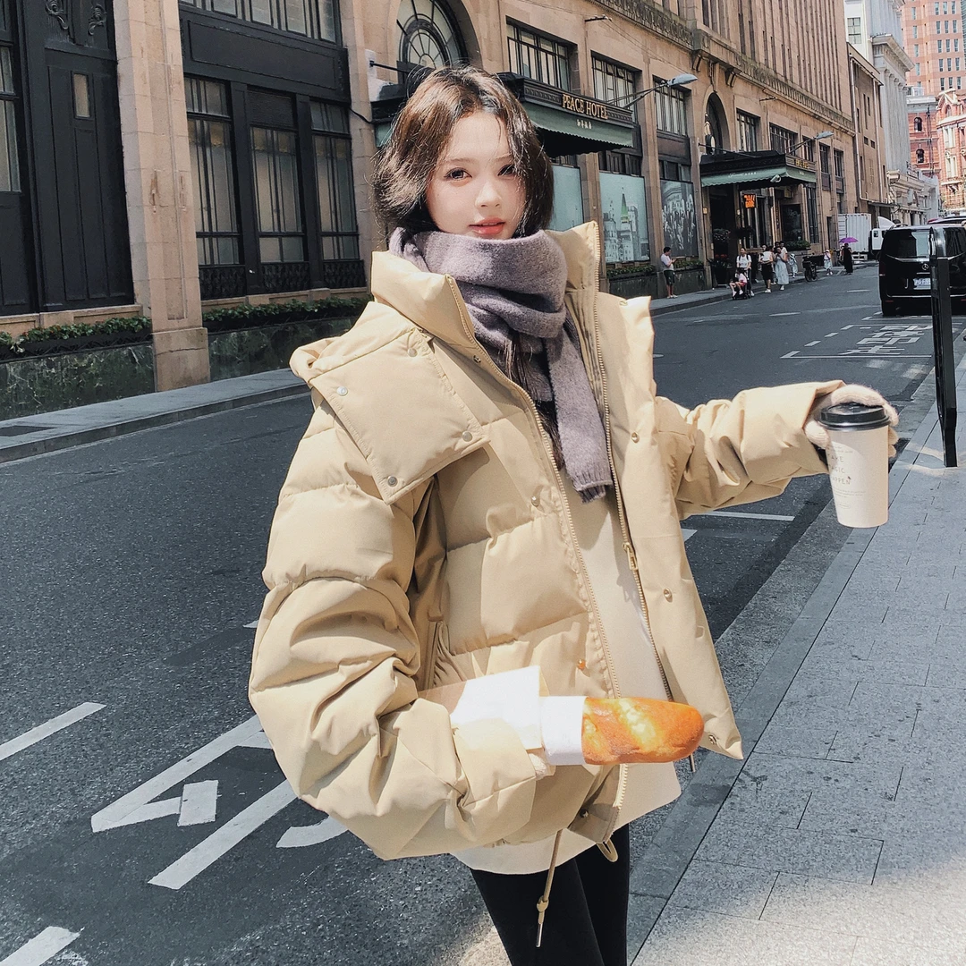 卡其色学院风连帽羽绒服女2025冬新款超好看加厚90绒短款面包服