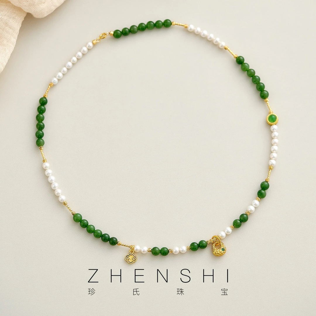 珍氏珠宝天然淡水珍珠项链女款新中式碧玉高级感气质款颈链（晴翠）