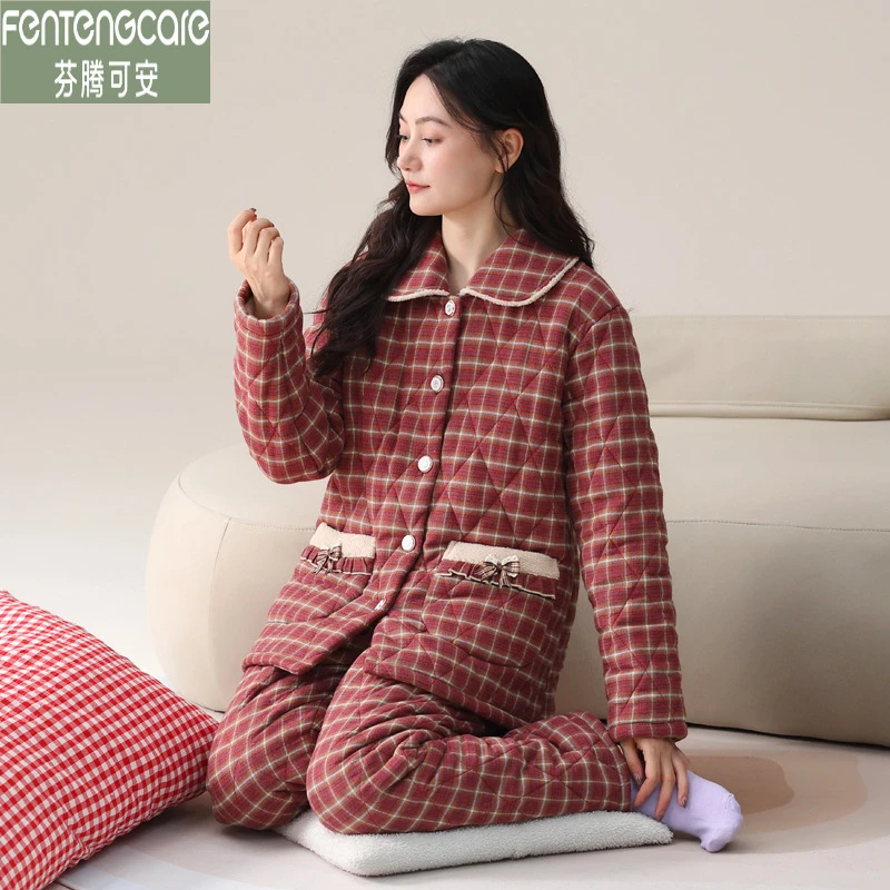 芬腾可安冬季三层加厚梭织夹棉保暖睡衣女加绒冬款冬天格子家居服