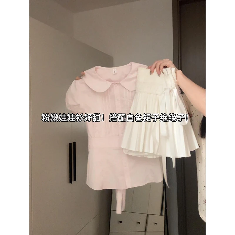 夏日穿搭巨好看套装娃娃领短袖衬衫上衣韩系ins甜美半身裙百褶裙