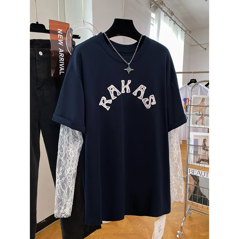 假两件纯棉刺绣长袖t恤上衣女早秋蕾丝花边宽松2025新款打底百搭