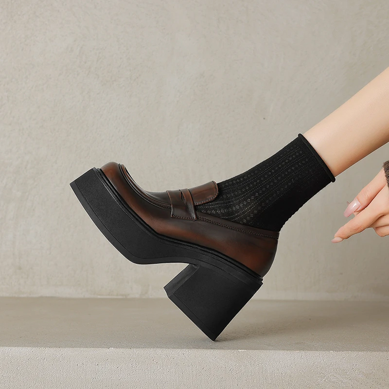 9CM超高跟厚底深口真皮单鞋春季新款圆头粗跟一脚蹬百搭小皮鞋女