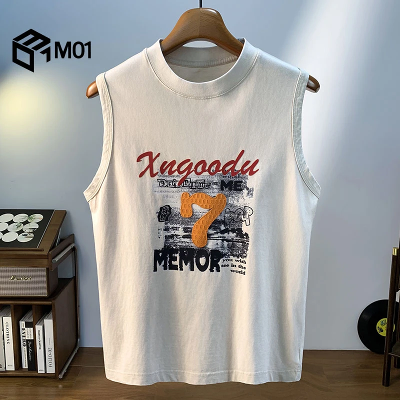 M01无袖t恤男潮牌日系简约宽肩砍袖夏季宽松纯棉运动坎肩背心外穿