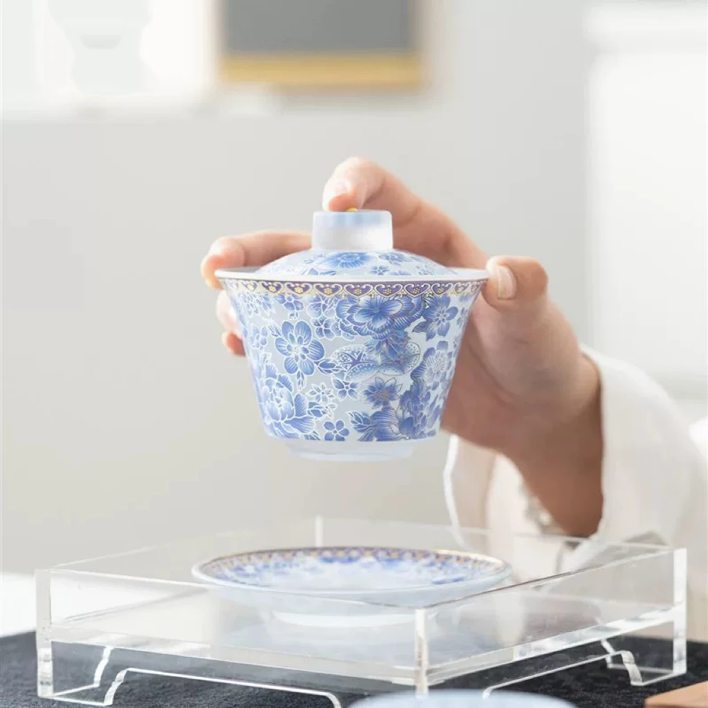 瓘玉-青花悬停三才盖碗琉璃家用办公带礼盒功夫茶具3820