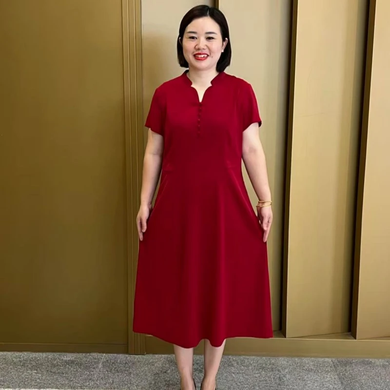 高端新款连衣裙2025夏季新款气质显瘦洋气中长款纯色连衣裙