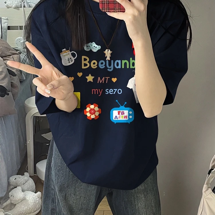 t恤夏季百搭半袖印花ins设计感港风宽松休闲小众圆领简约印花T恤