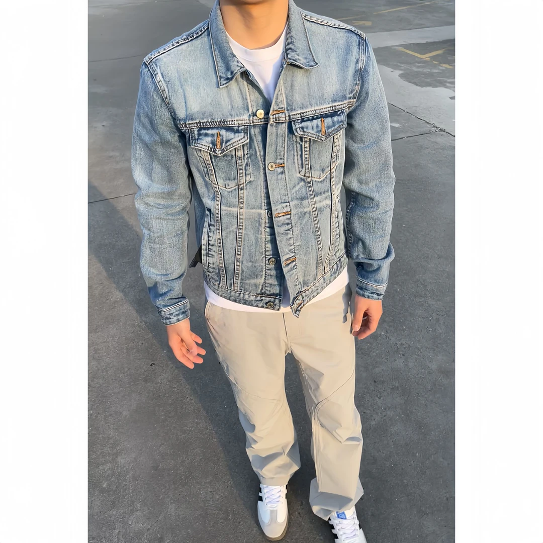 OwN 冰蓝牛仔衣美式修身夹克春夏薄款纯棉300g水洗做旧复古外套男