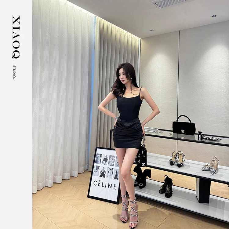 【小Q家】33201新款收腰显瘦黑天鹅鱼骨缎面内搭吊带连衣裙T