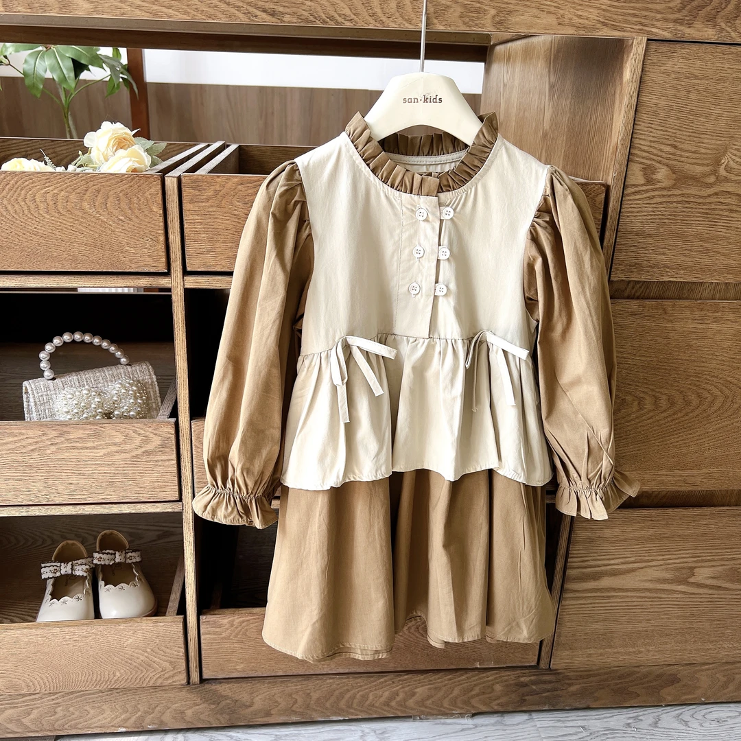 【棉布裙】1089（撞色咖）连衣裙 女童森系百搭 假两件撞色棉布连衣裙