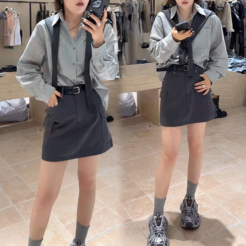 韩系松驰感时尚套装女2025春秋新款条纹披肩长袖衬衫半身裙两件套