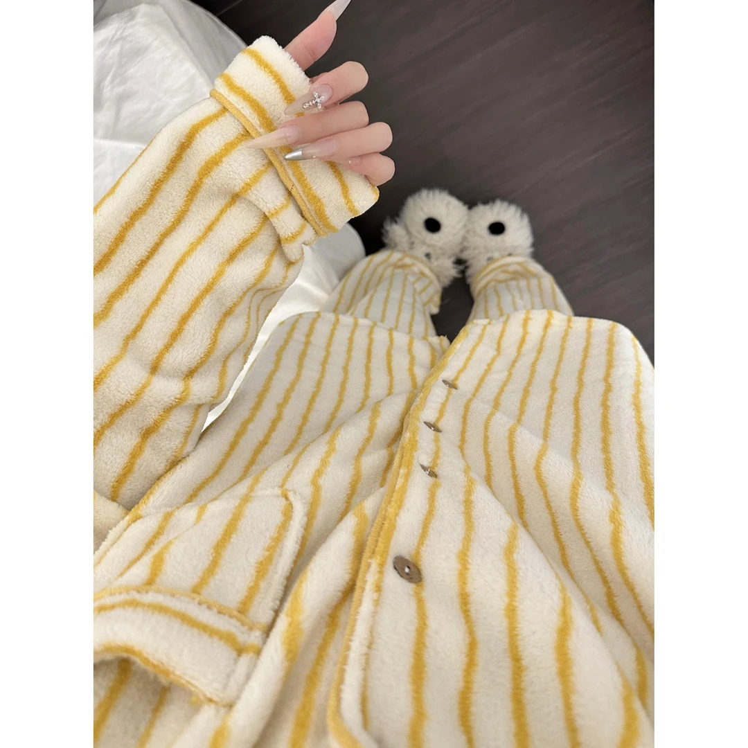 韩版甜美条纹长袖睡衣女秋冬季款加绒季候大码长裤家居服套装外穿