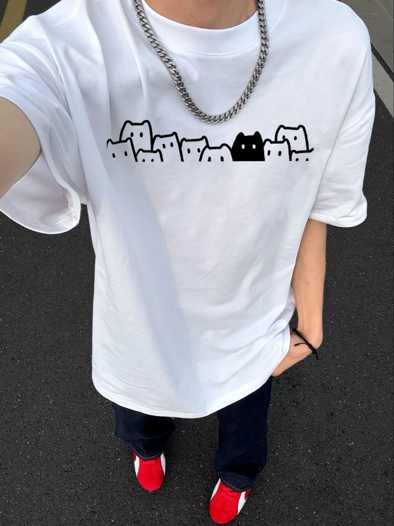 ANTI潮牌重磅纯棉“猫咪开会”印花情侣装休闲宽松短袖T恤男女同款