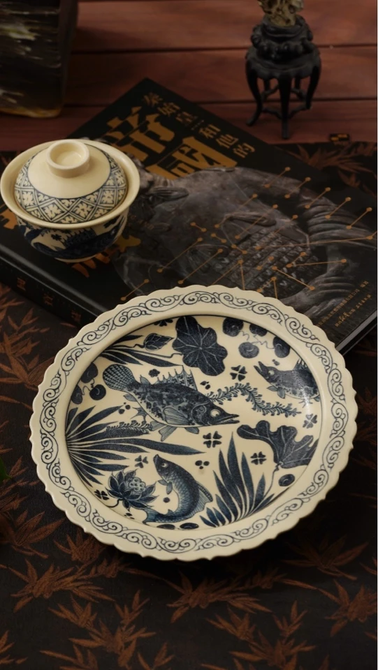 克勤堂同款元青花二号釉2号釉葵口鱼藻纹壶承盘子富贵有余