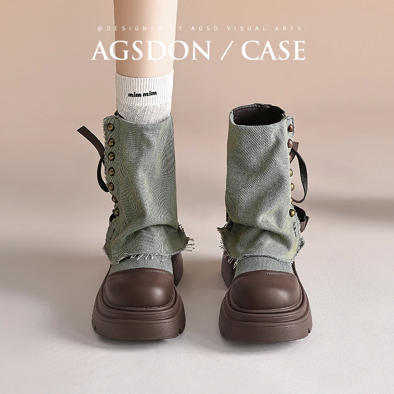 /奥古狮登增高西部牛仔堆堆靴女2025秋季裤管短靴复古骑士马丁靴Q