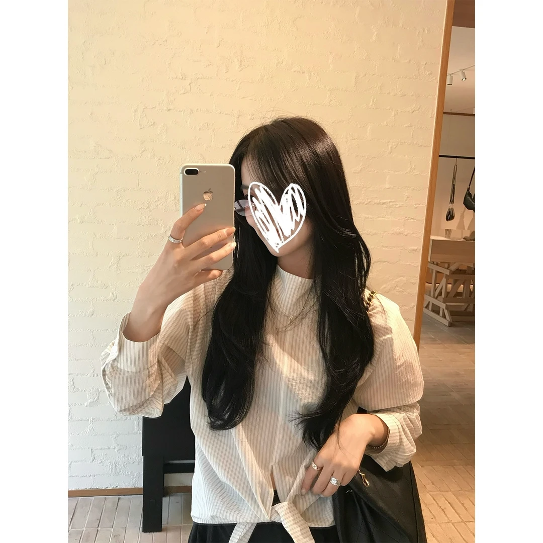 松弛条纹清透韩系插肩袖绑带宽松廓形防晒衬衫女早秋2025新款上衣