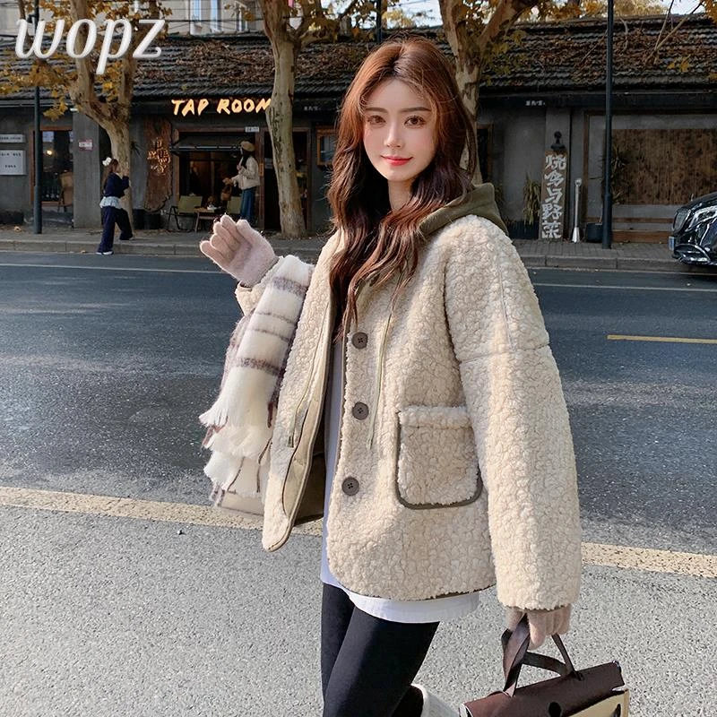 休闲连帽皮毛一体颗粒绒外套女2025冬季新款小个子羊羔毛棉服棉衣