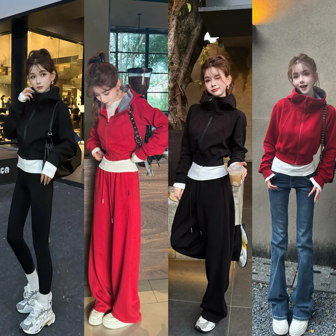 【晨日松弛感】高级感美式连帽加厚加绒卫衣外套+卫裤两件套(内磨毛