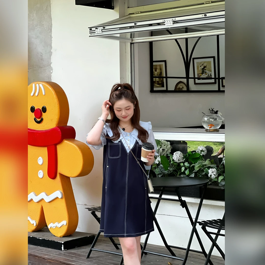 楠序乔乔微胖女装 假两件拼接连衣裙女夏季牛仔裙显瘦裙子YZ36227