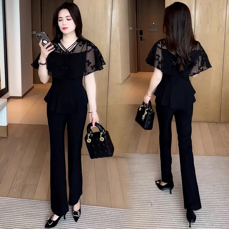 时尚套装女2025夏季新款洋气显瘦蕾丝拼接短袖上衣微喇裤两件套潮