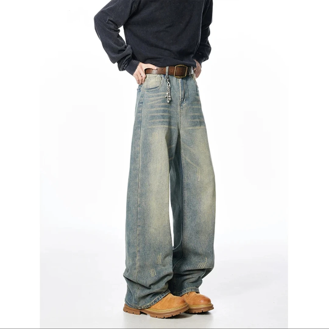 cleanfit美式复古水洗做旧牛仔裤男款秋冬款潮牌宽松直筒阔腿长裤