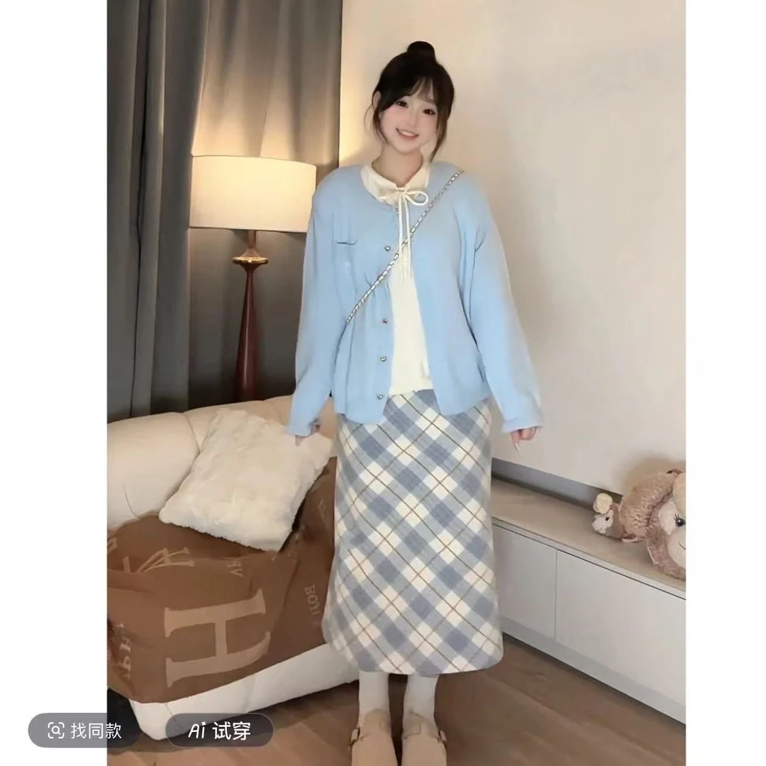 依二一韩系气质毛衣减龄刺绣口袋开衫上衣+半身裙1028