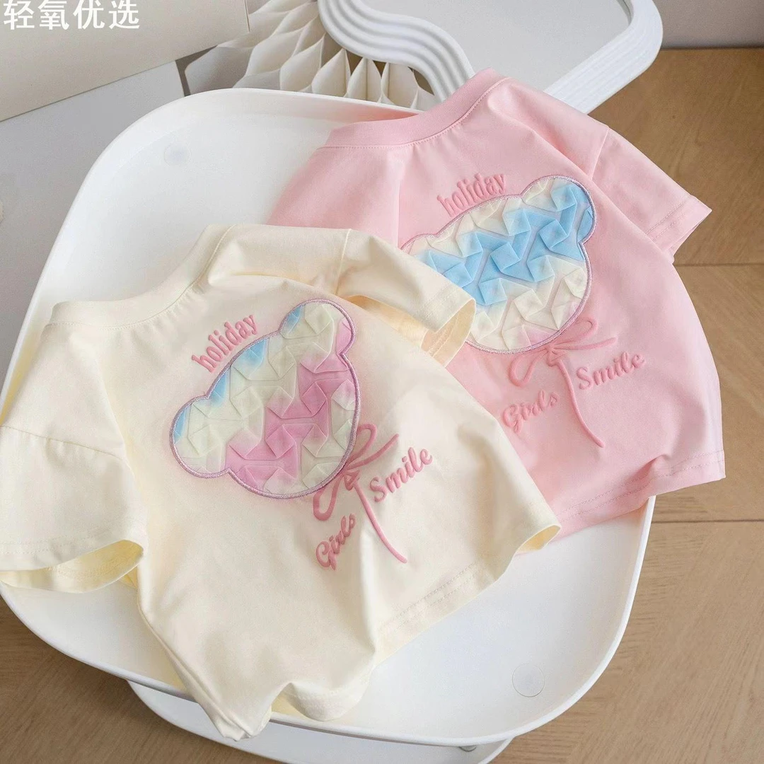 女童卡通纯棉短袖2025夏季新款立体小熊小女孩洋气甜美T恤舒适