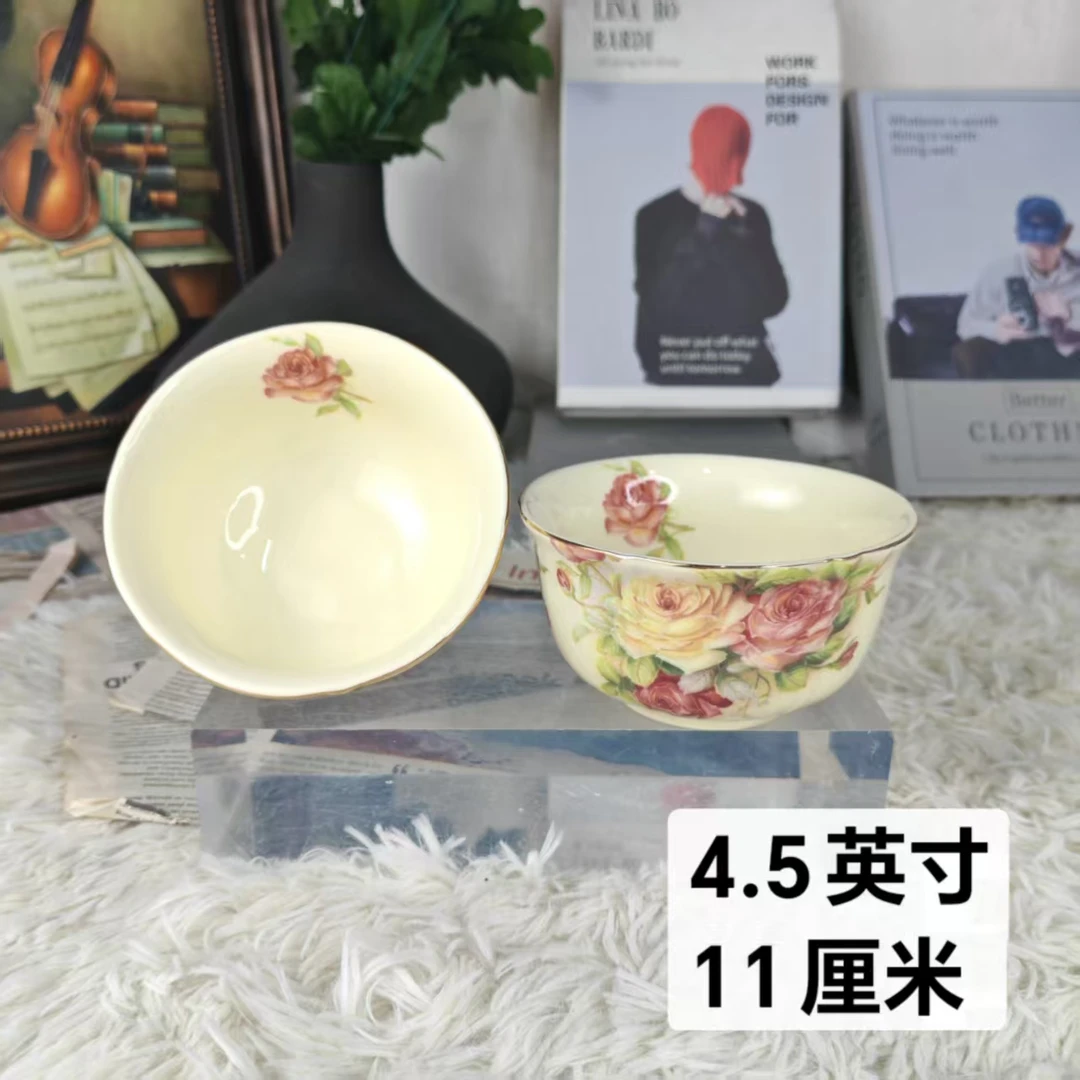 陶瓷欧式米饭碗老镇玫瑰描金家用吃饭4.5英寸碗蘸料碗