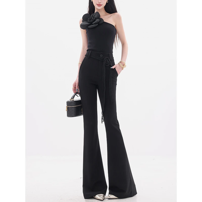 ABWEAR 定格浪漫-原创黑色蕾丝腰带休闲微喇裤女2025年显瘦马蹄裤