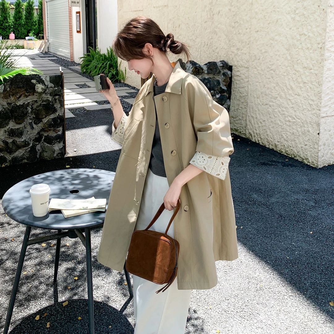 风衣女款2025早秋新款巨好看卡其色小个子中长款刺绣英伦风外套