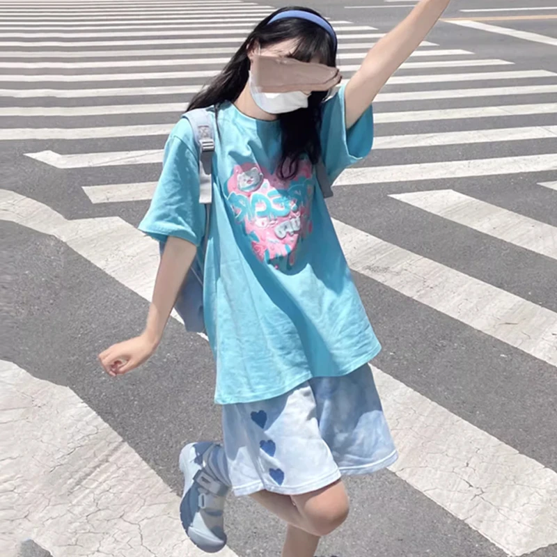 少女校园风可爱运动服套装夏季胖女孩学生时尚短袖短裤休闲两件套