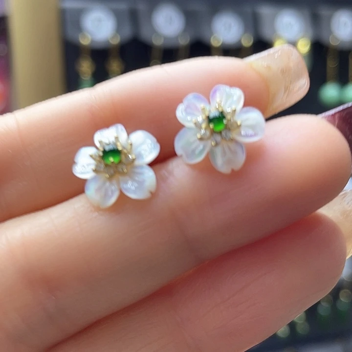 翡翠耳饰银S925镀金镶嵌耳饰