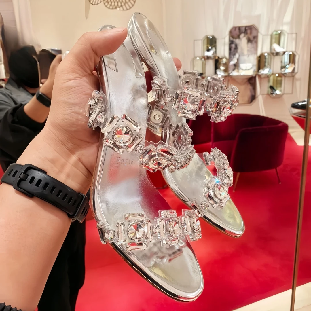 CL红底鞋2025夏季新款水钻透明性感一字带拖鞋露趾银色高跟鞋凉鞋