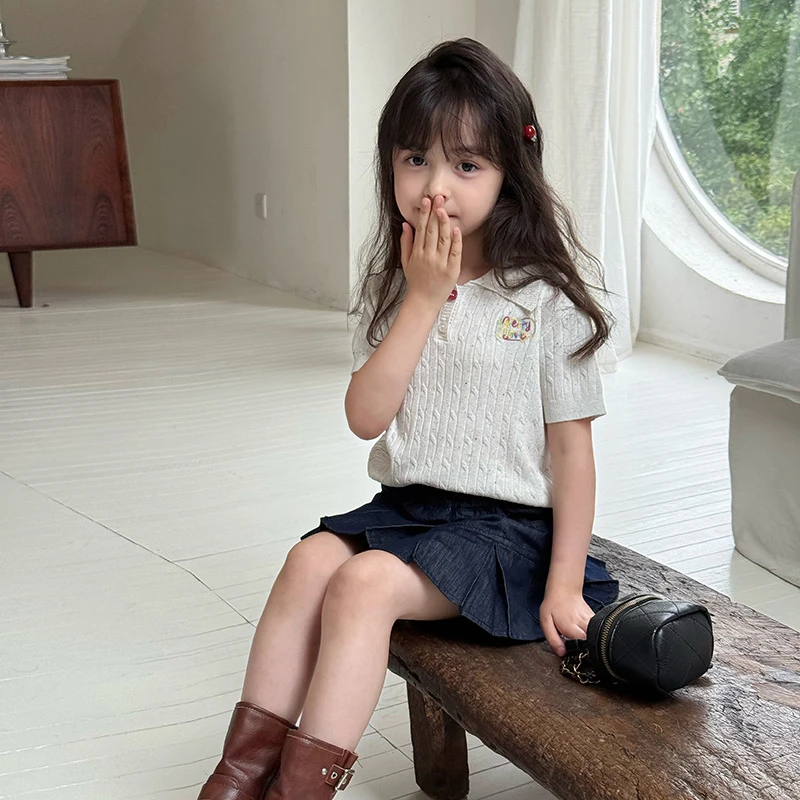 【夏季新品】女童绞花短袖T恤字母刺绣彩点针织翻领POLO衫25E055