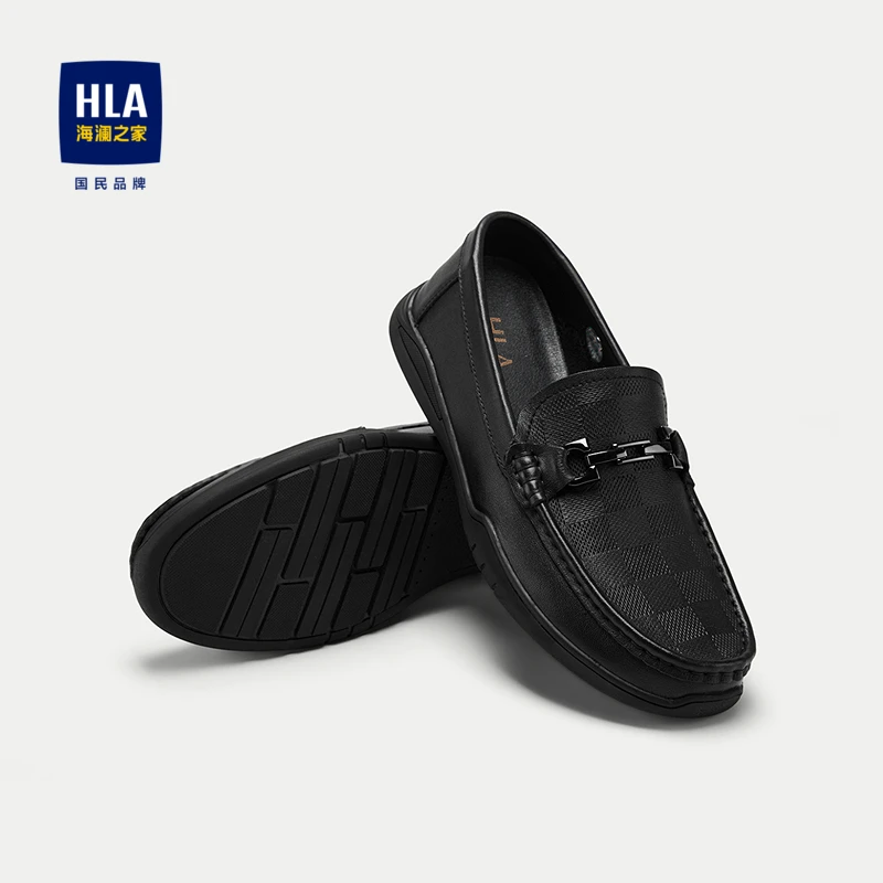 HLA/海澜之家一脚蹬休闲鞋楦型加宽商务格纹橡胶底牛皮革皮鞋子男