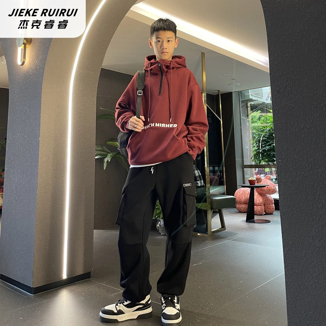 【现货-凯】美式潮牌半拉链连帽加绒卫衣大童休闲帽衫杰克睿睿