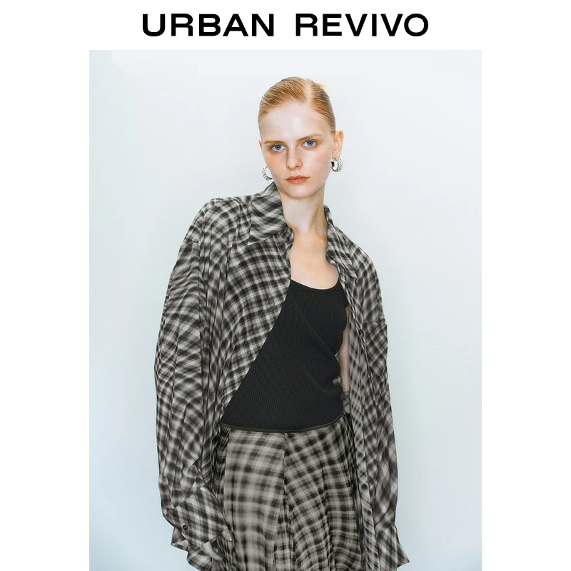 UR2025秋季新款女装休闲口袋格纹长袖开襟衬衫UWJ250038