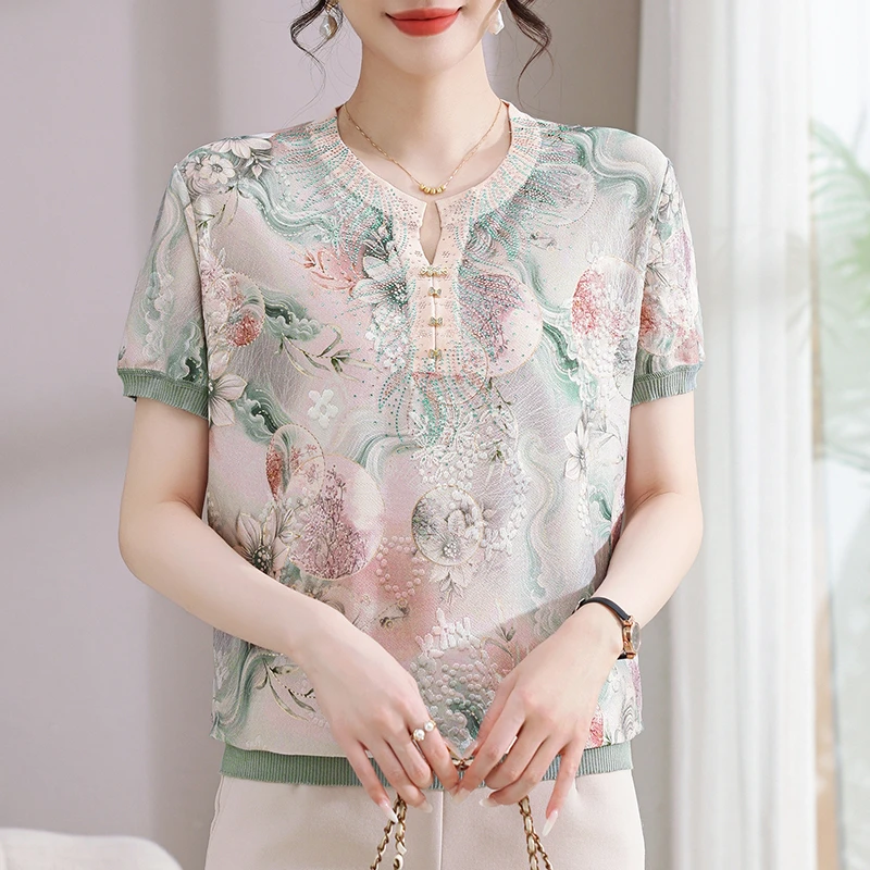 妈妈夏装短袖针织小衫洋气冰丝t恤中老年女装2025新款凉爽上衣服