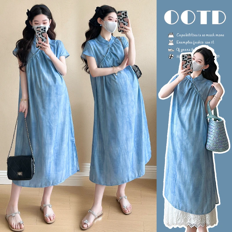 孕妇连衣裙2025夏天时尚中式宽松休闲聚酯长裙孕妇装立领显瘦裙子