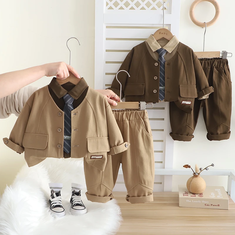 男童春装套装2025新款婴儿童春秋帅气工装长袖三件套宝宝洋气潮衣