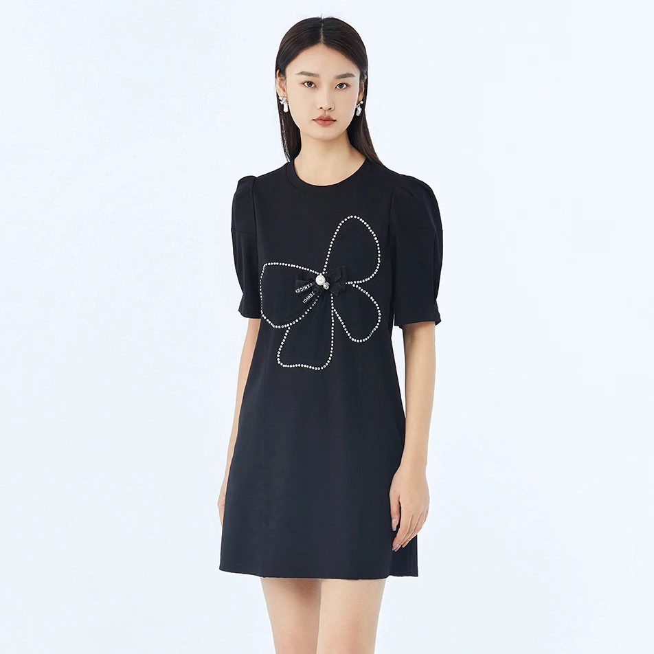 短袖连衣裙女2025时尚蝴蝶结中长裙【233296】