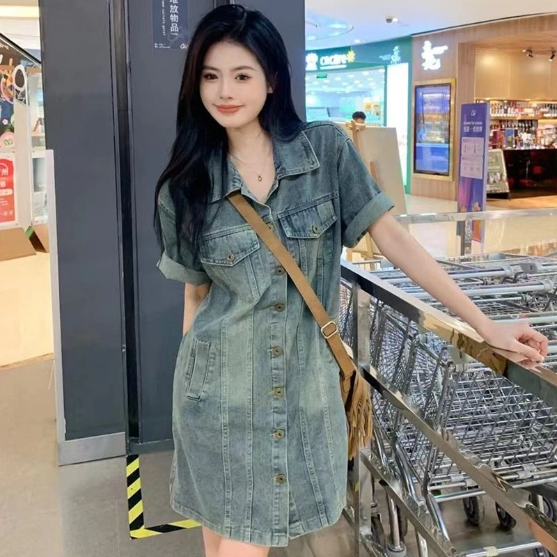 港风复古短袖牛仔裙女夏季新款时尚气质单排扣开衫连衣裙短裙显瘦