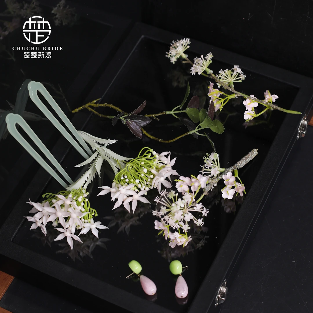 新中式紫色仿真花发夹森系甜美古风汉服百搭新娘边夹头饰晨袍配饰