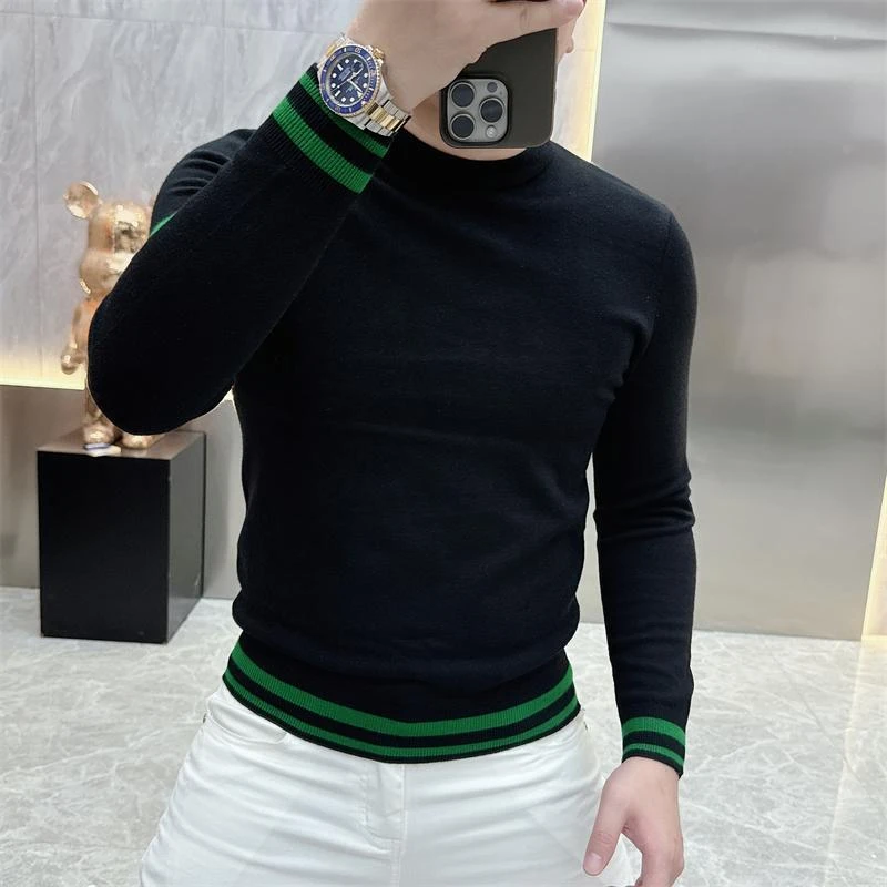 精彷羊毛针织衫欧货男士条纹休闲修身毛衣圆领长袖2025秋冬打底衫