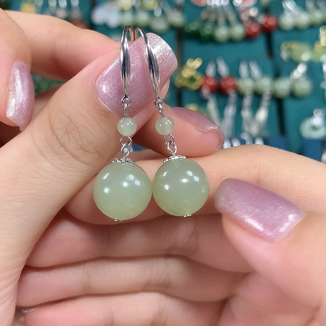 和田玉银S925镶嵌耳饰天然卡12mm左右冰晴水