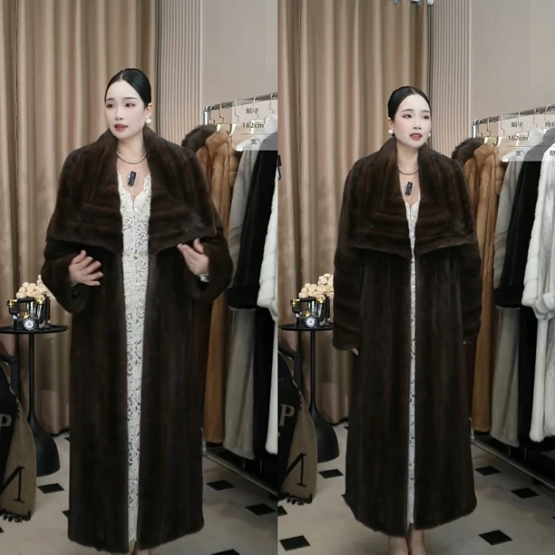 “尼奥夫人” 进口天鹅绒水貂皮大衣女长款皮草外套大翻领新款